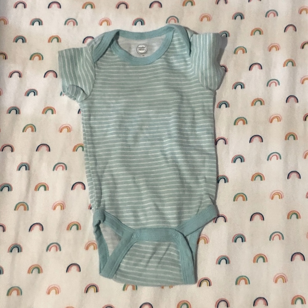 Light blue and white striped onesie